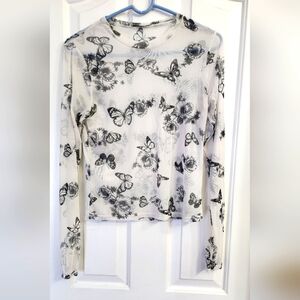 Sheer white black butterfly print top